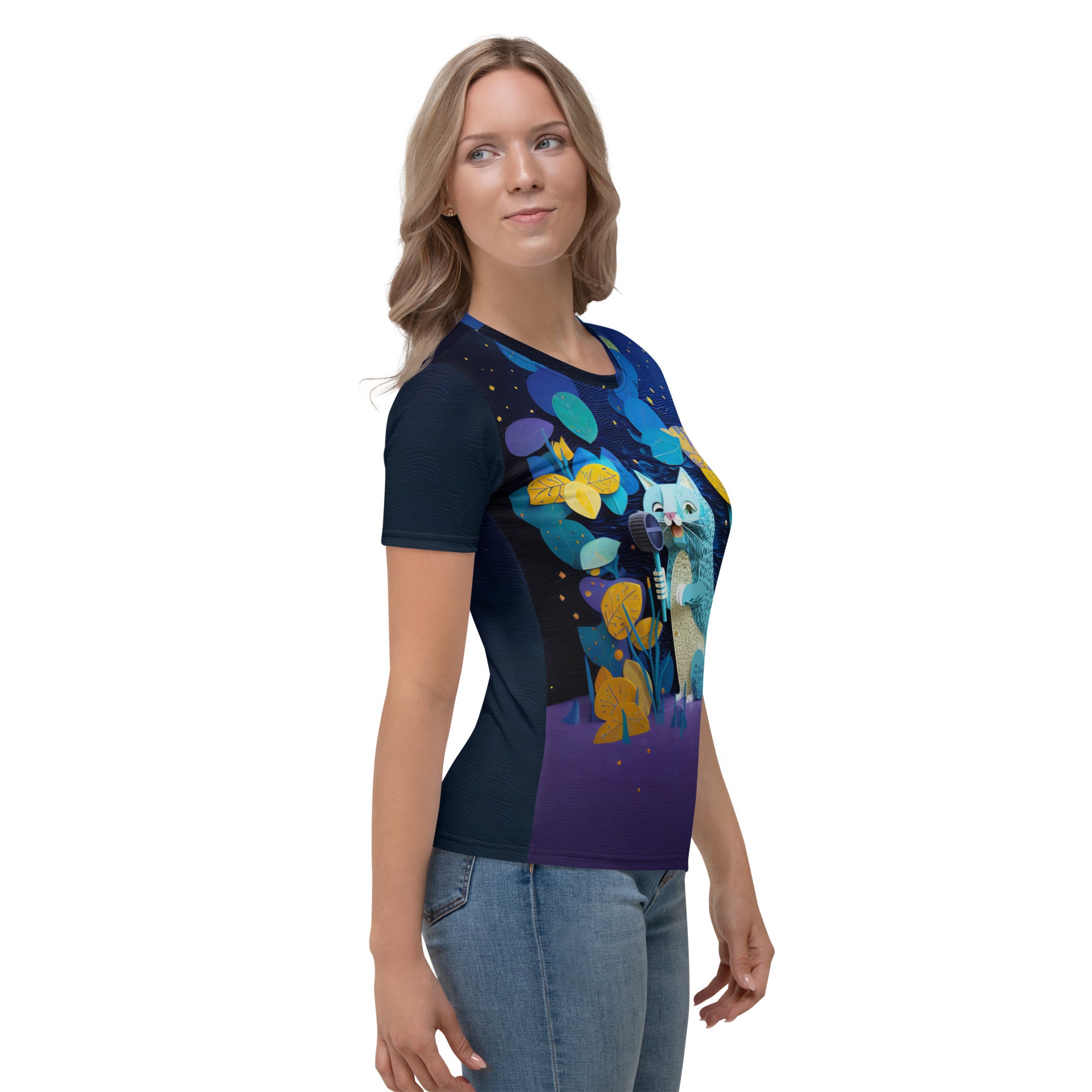 Women's crew neck t-shirt with comet tail design.