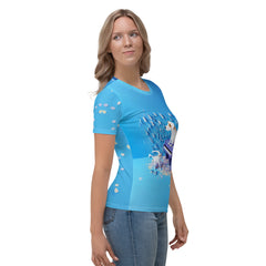 Women's crew neck T-shirt featuring serene waterfall pattern.