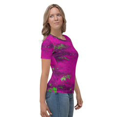 Fashionable wine stain design on women's T-shirt.