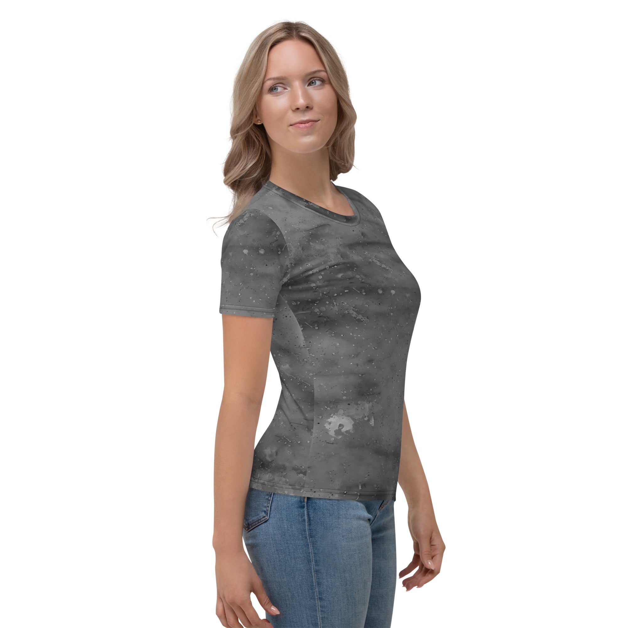 Playful grass stain pattern on women's casual tee.