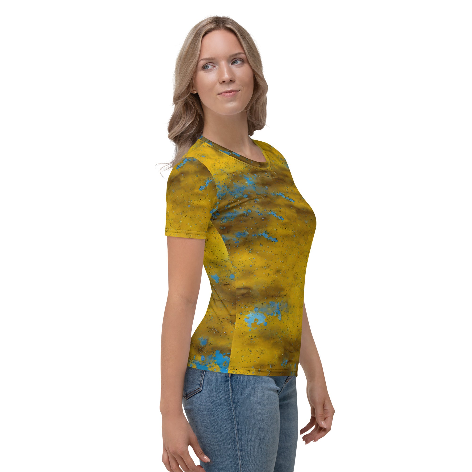 Women's crew neck T-shirt with realistic grass stains.