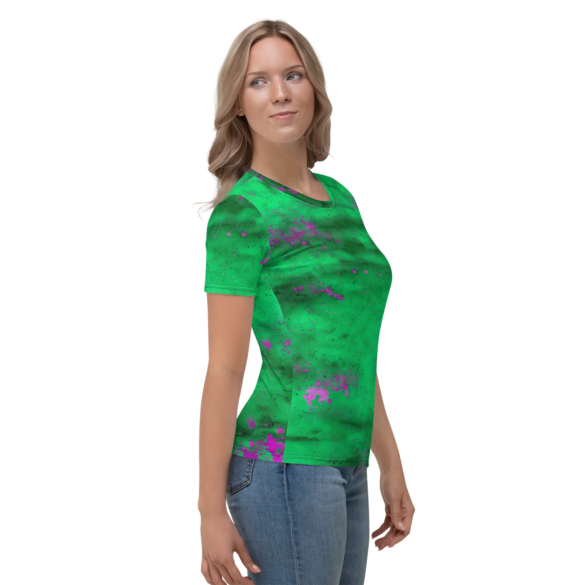 Rugged style mud splatter women's crew neck shirt.