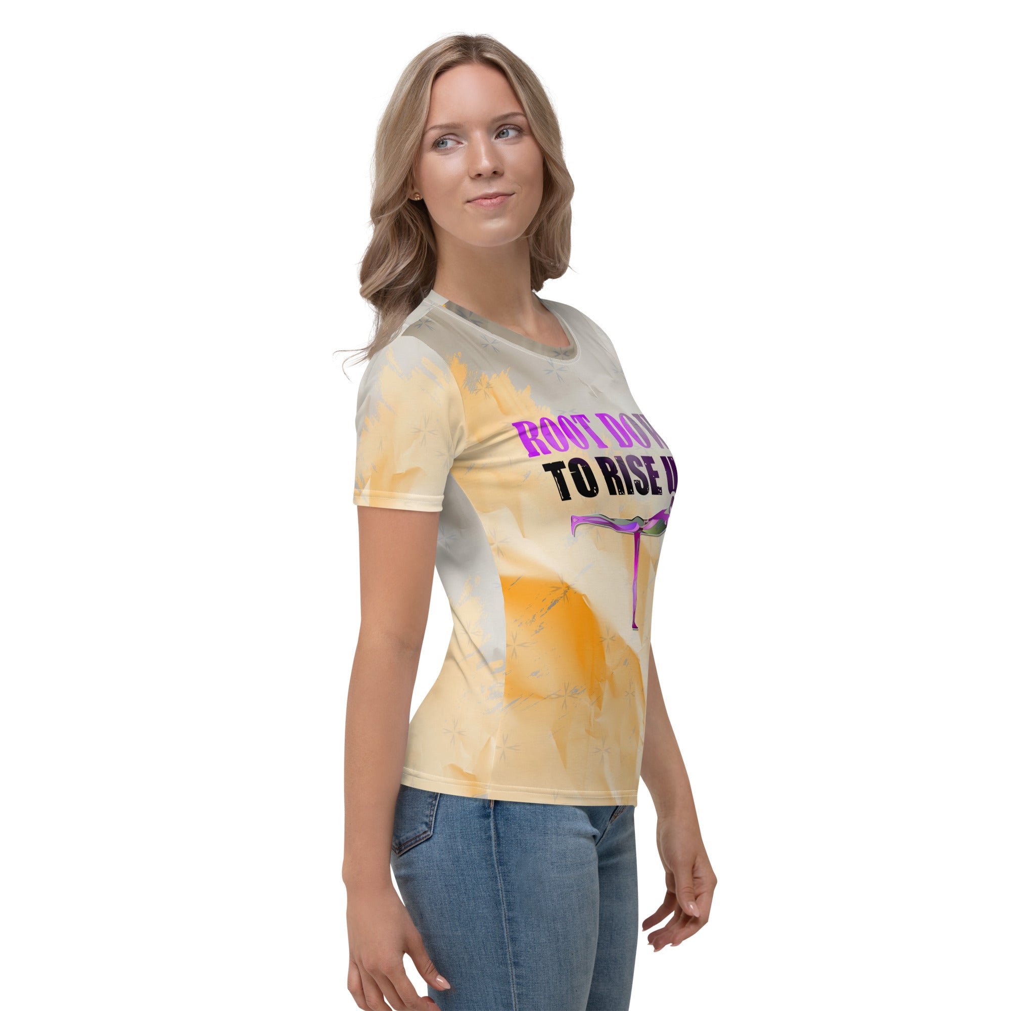 Tranquil and elegant Serenity Flow design on women's shirt.