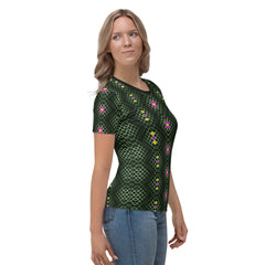 Front view of abstract artistry crew neck t-shirt for women