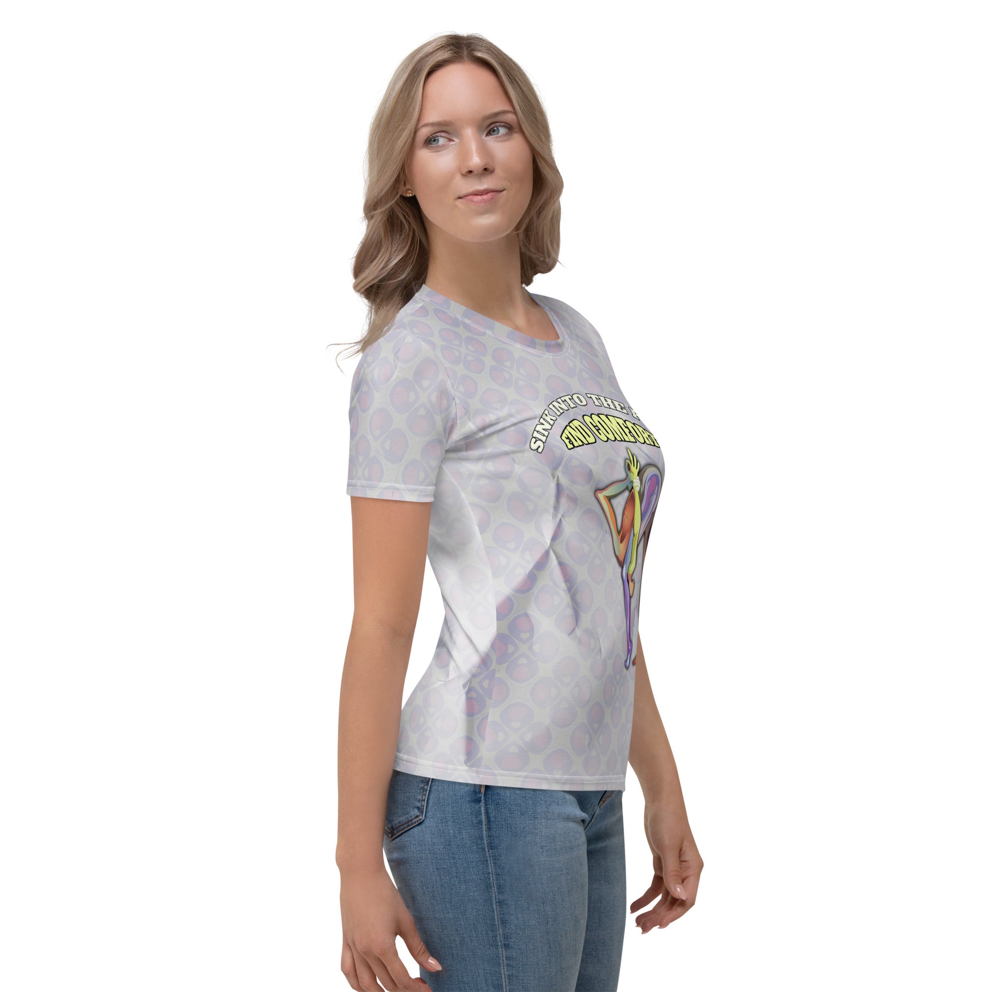 Chic and peaceful Lotus Pose design on women's top.