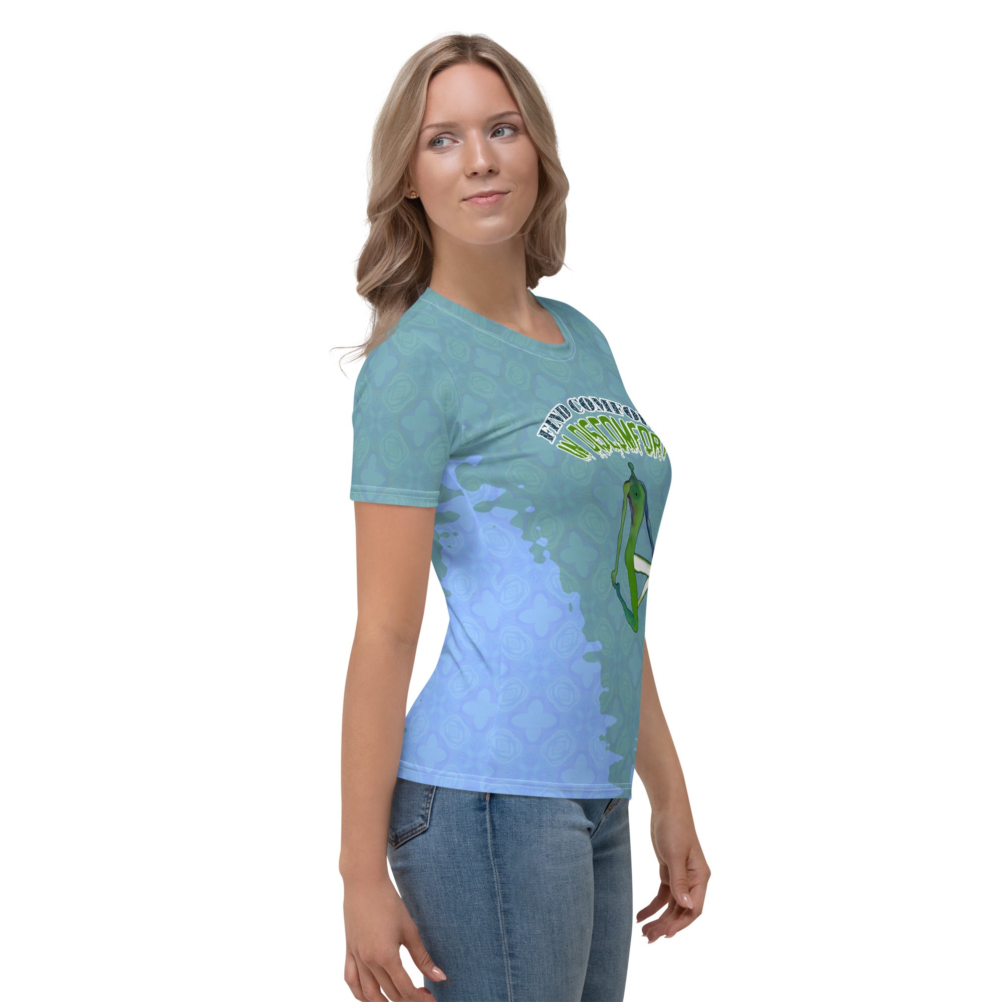 Elegant and balanced Tree Pose design on women's fashion top.