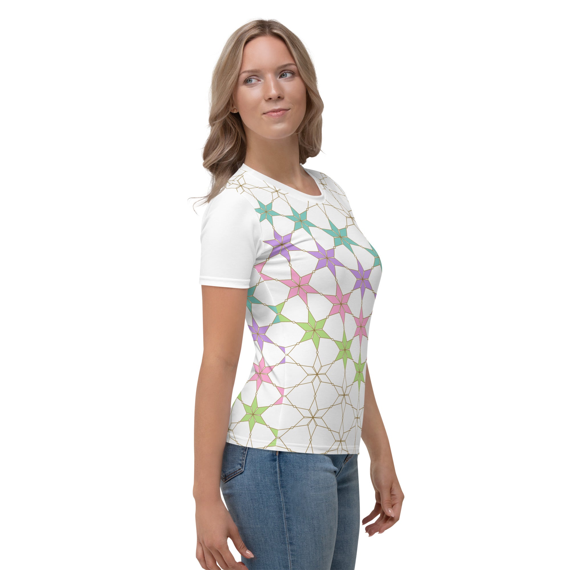 Model wearing Cosmic Energy Crewneck Tee for Women