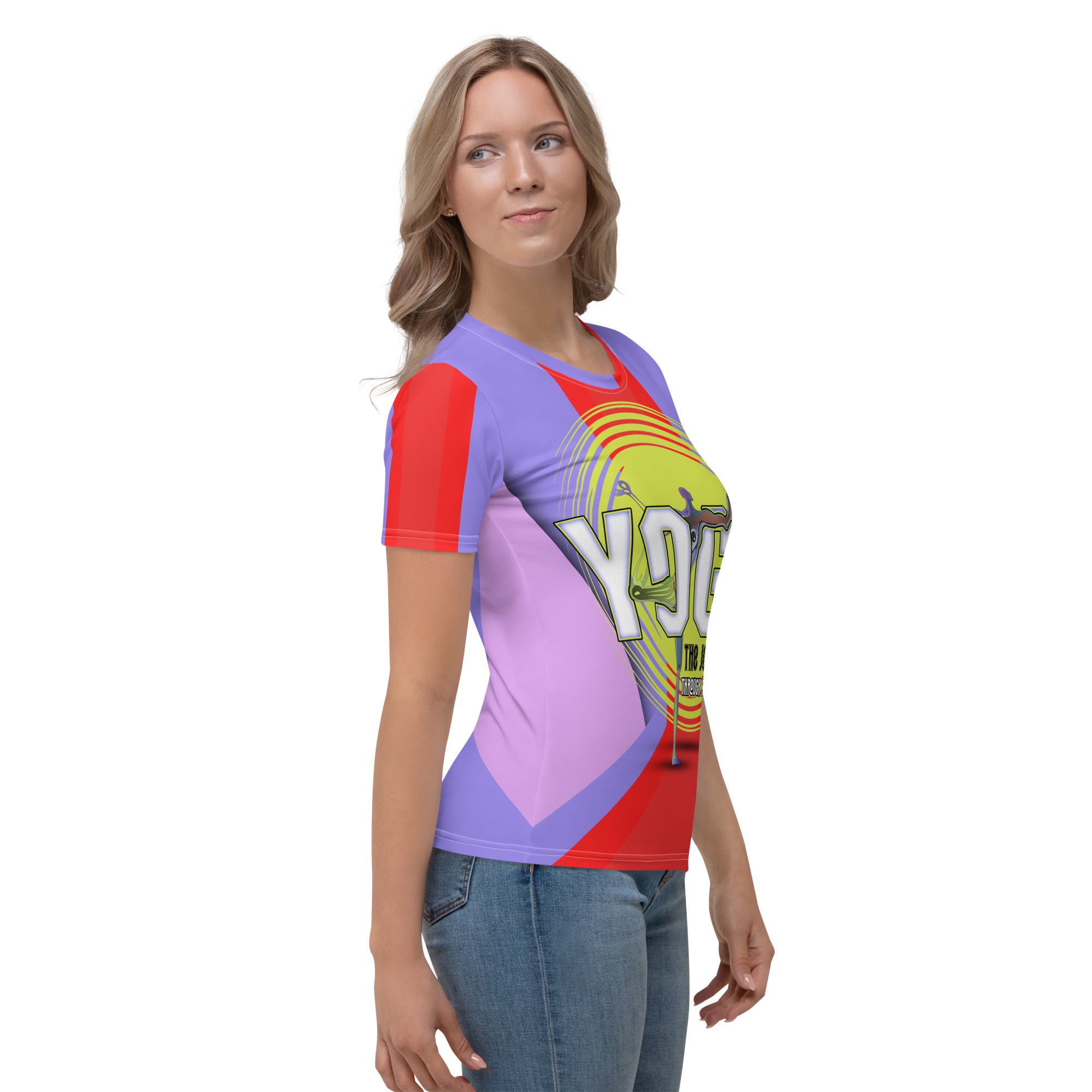 Side view of woman modeling Mindful Breath crew neck T-shirt.