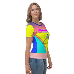 Stylish woman in cosmic balance t-shirt outdoors.