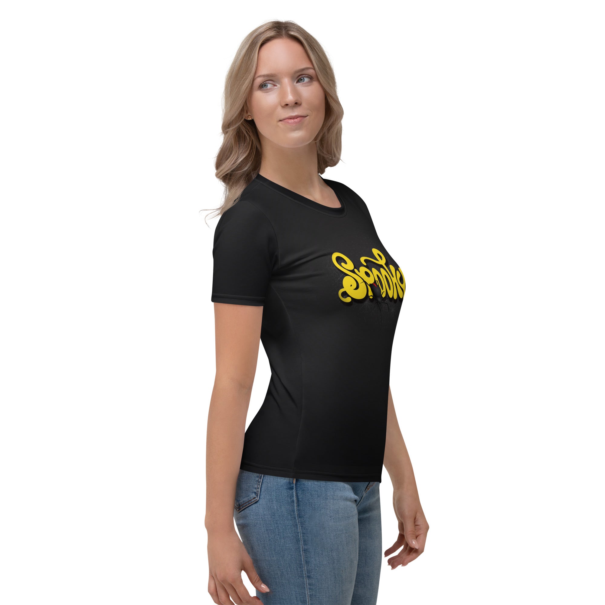 Back view of Witchy Whimsy Women's Crewneck Tee with spooky print





