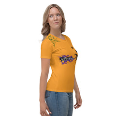 Model wearing Jack O Lantern Joy Women's Crewneck Tee during Halloween





