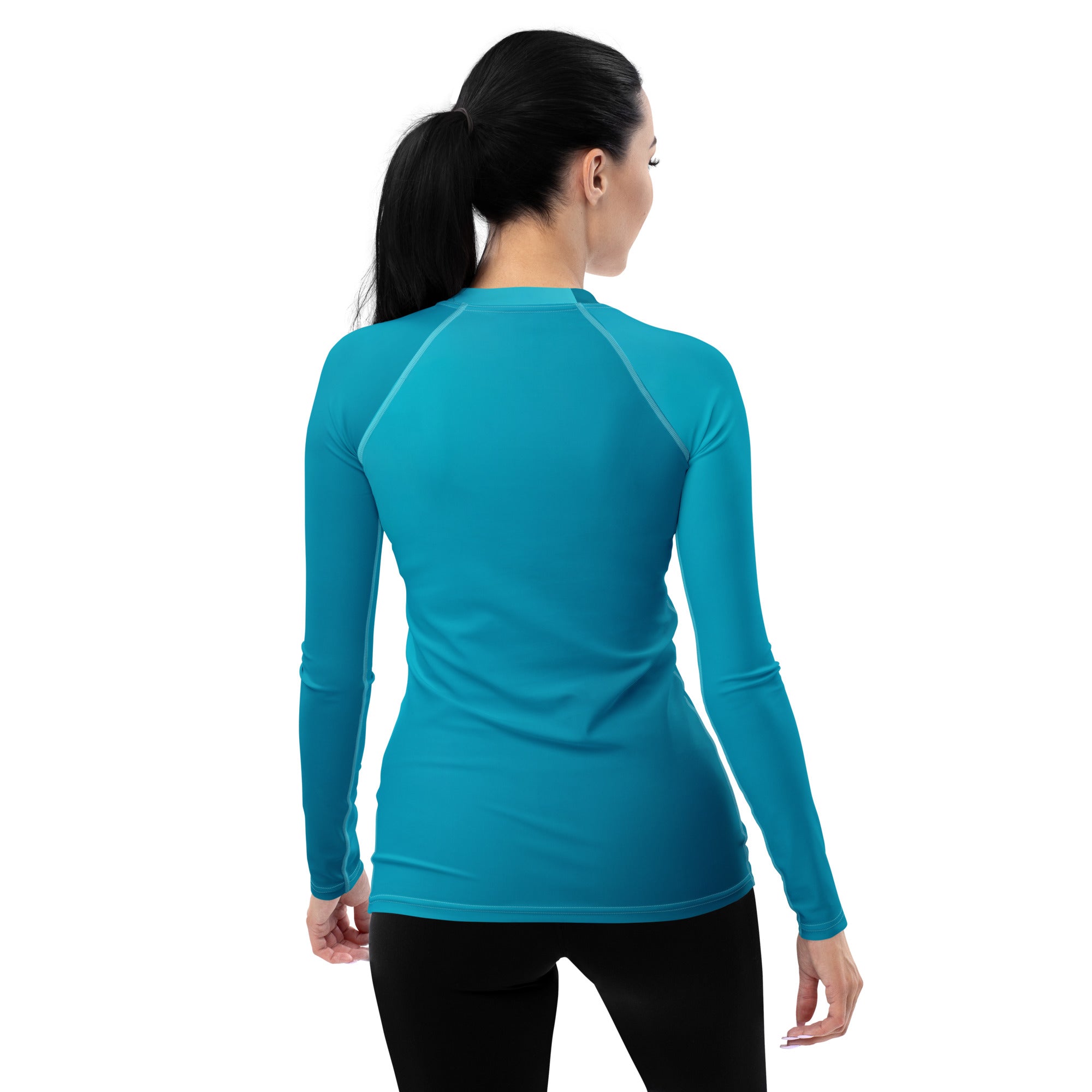 Back view of Vinyl Groove women's rash guard showcasing UV protection features.