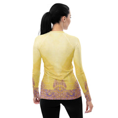 Close-up of Enchanted Elephant Parade design on Women's Rash Guard.