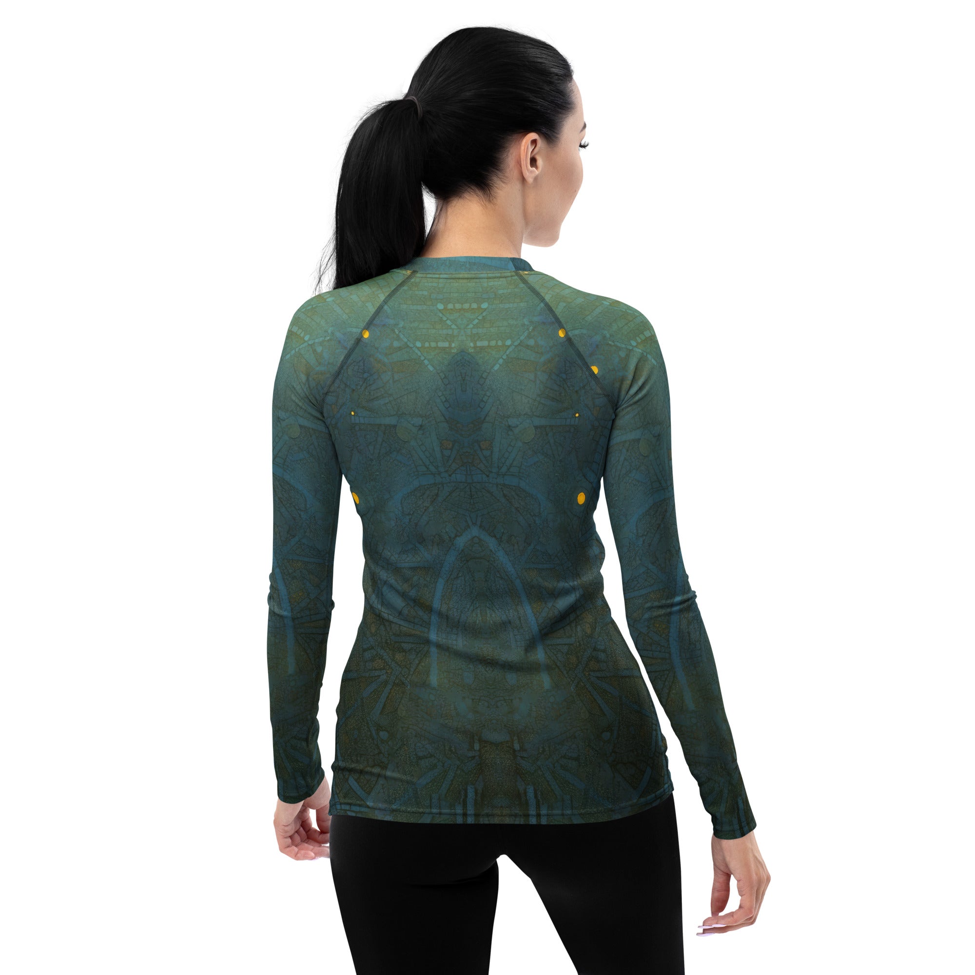 Back view of Friendly Fox Family Rash Guard for women.