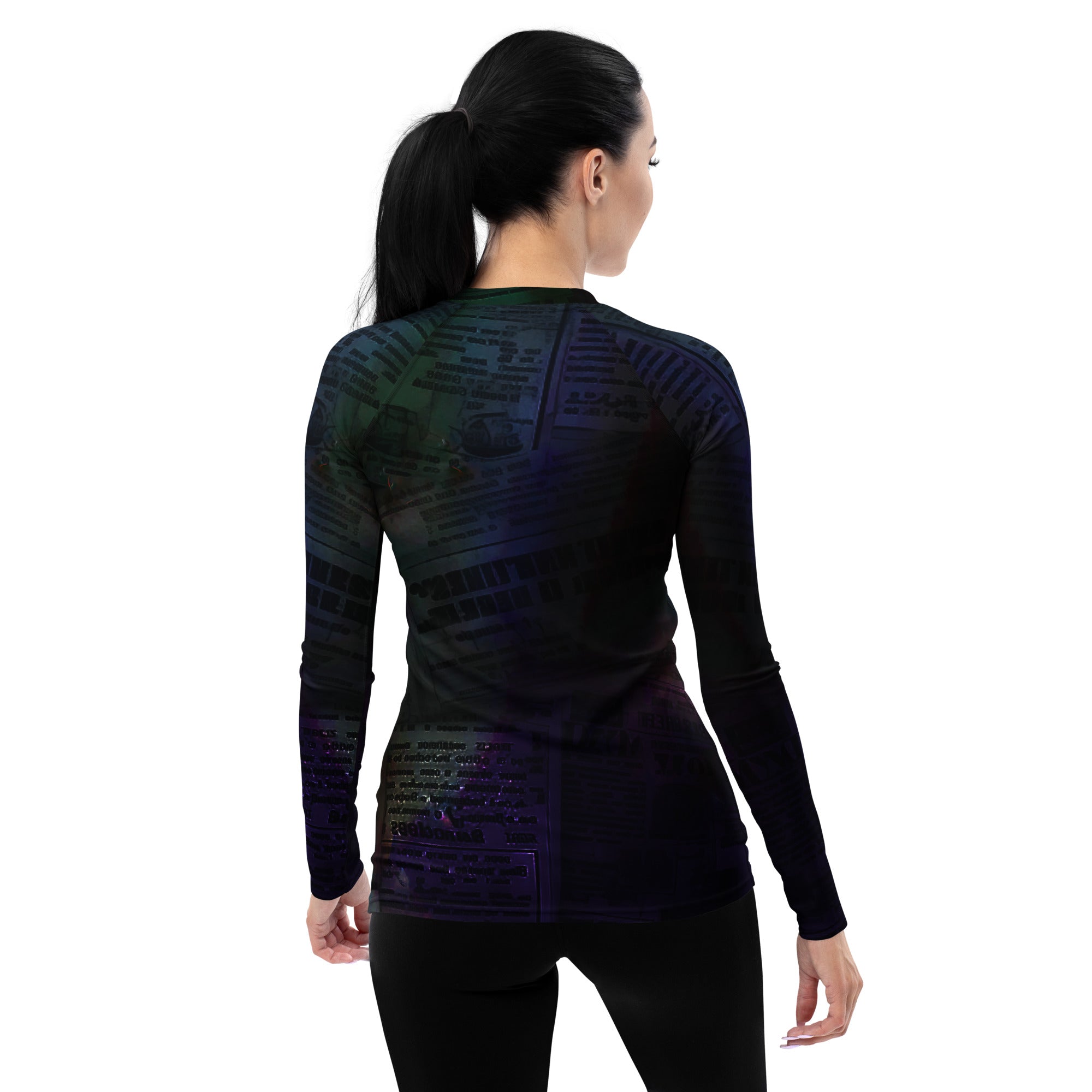 Close-up of Whimsical Wonder Rash Guard vibrant pattern