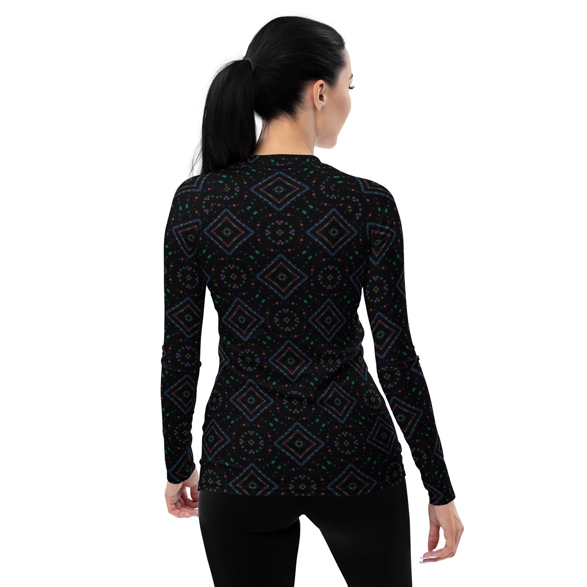 Close-up of Floral Fusion Beauty Rash Guard's intricate floral design.