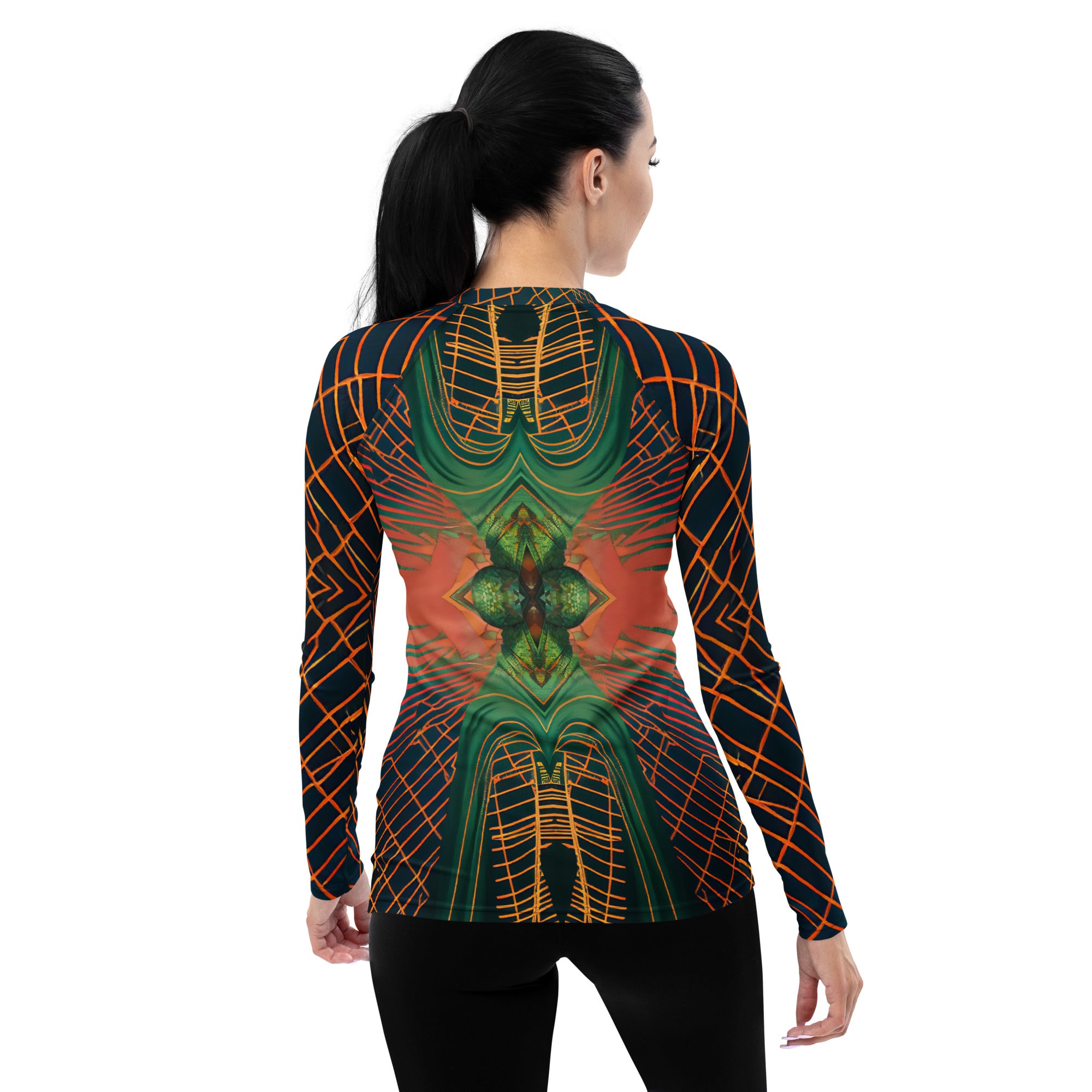 Mystic Waves All-Over Print Women's Rash Guard back view.