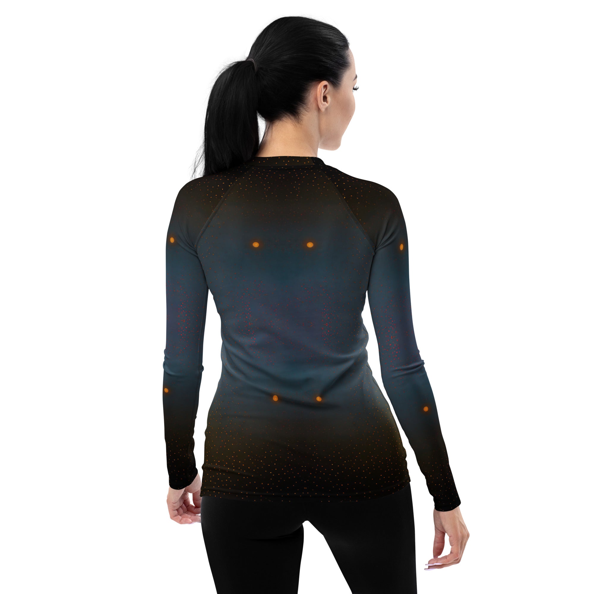 Retro Revival All-Over Print Women's Rash Guard back view.