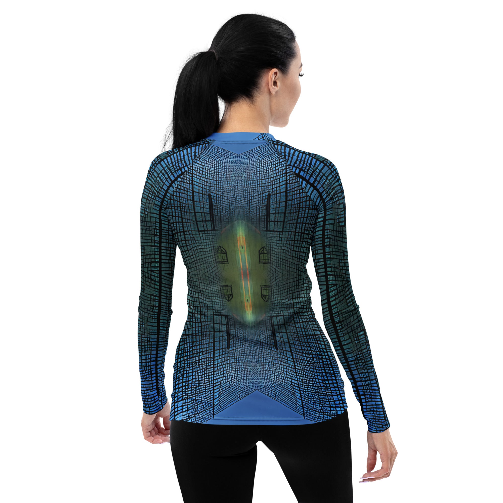 Modern Muse All-Over Print Women's Rash Guard back view.