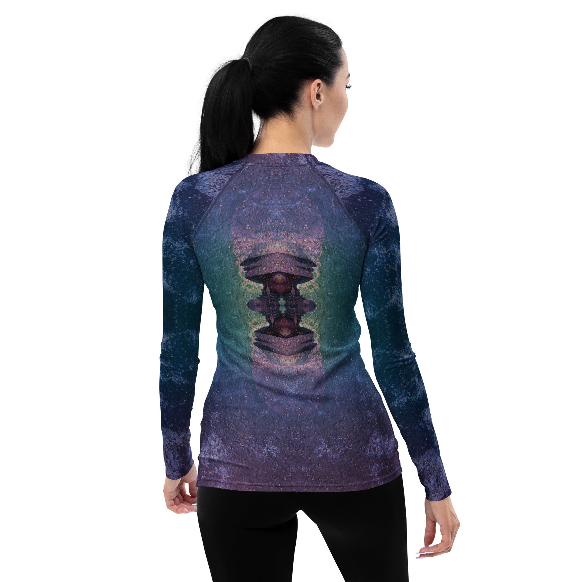 Cosmic Cascade All-Over Print Women's Rash Guard back view.