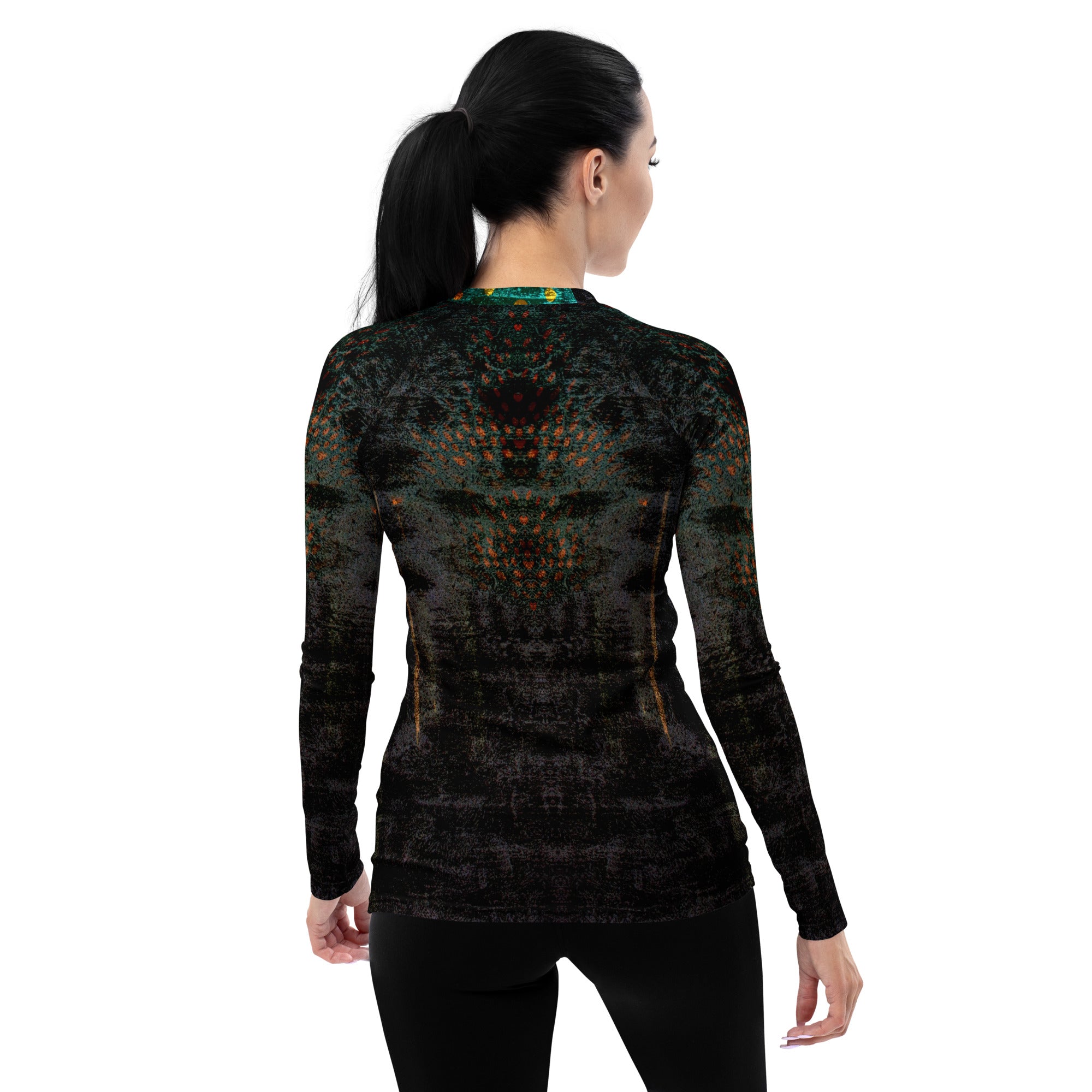 Stylish space-themed women's rash guard for swimming