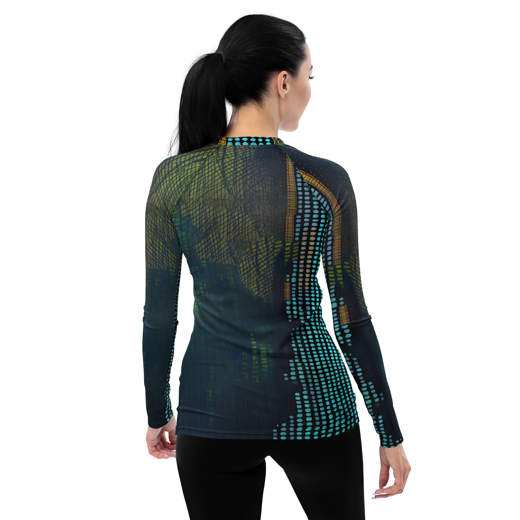 Stylish women's rash guard in avant-garde design.