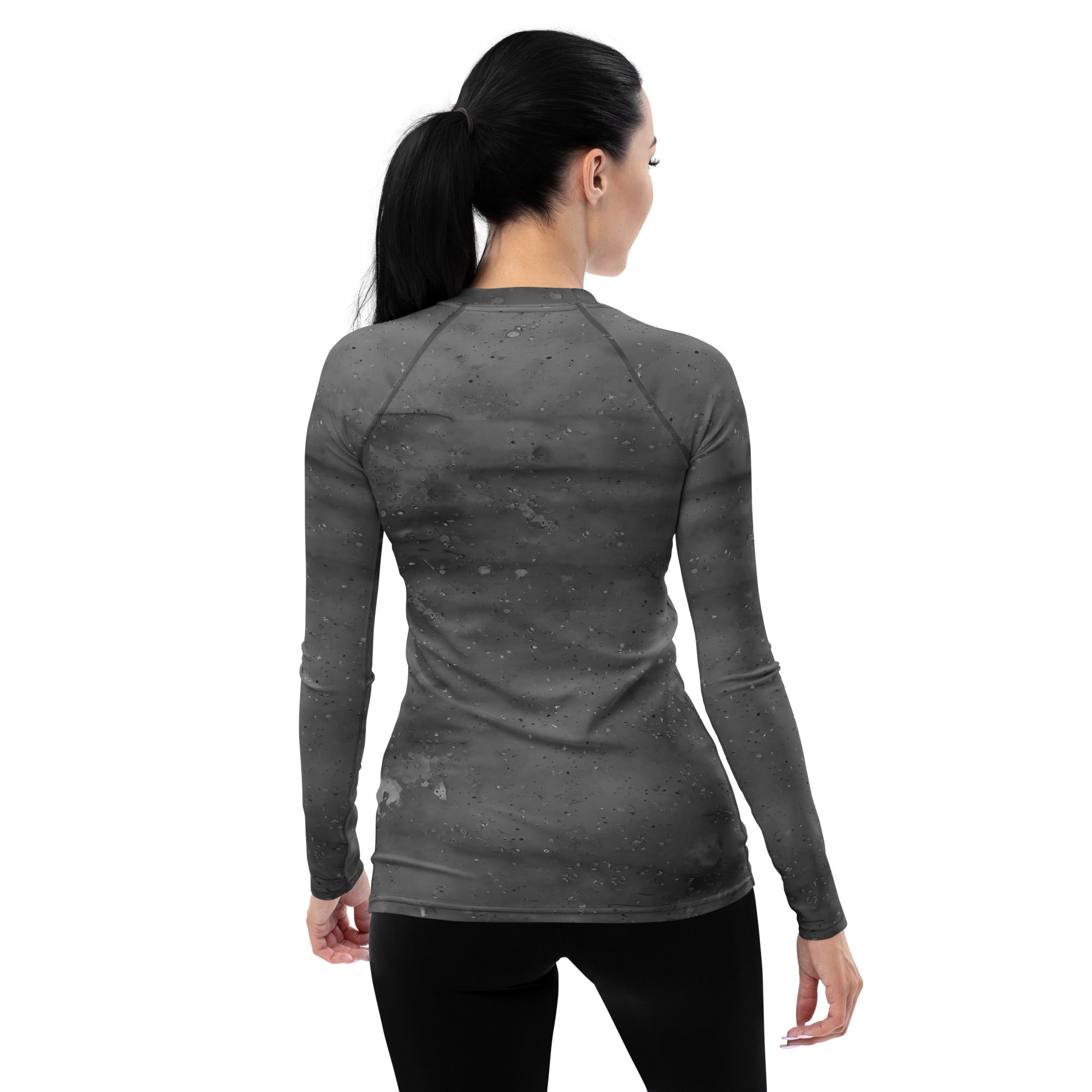 Grease stain glam pattern on protective women's rash guard.