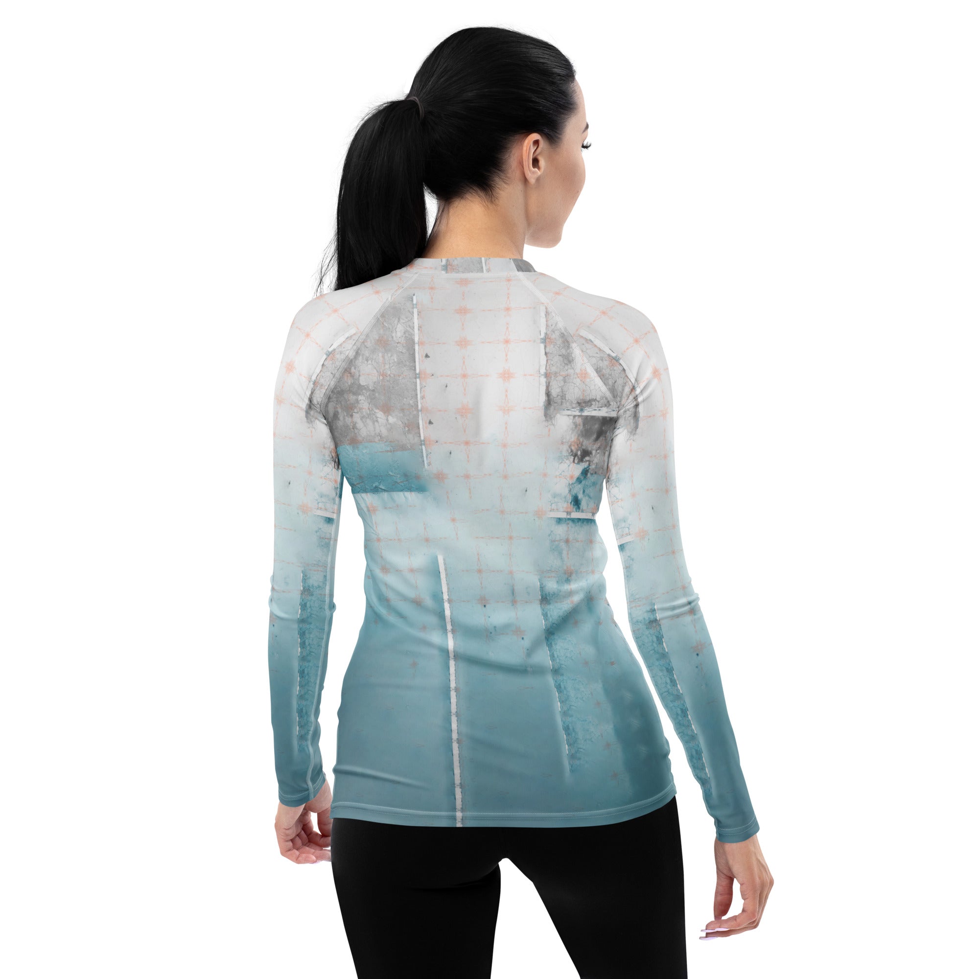 Peaceful Serenity Flow pattern on women's rash guard.