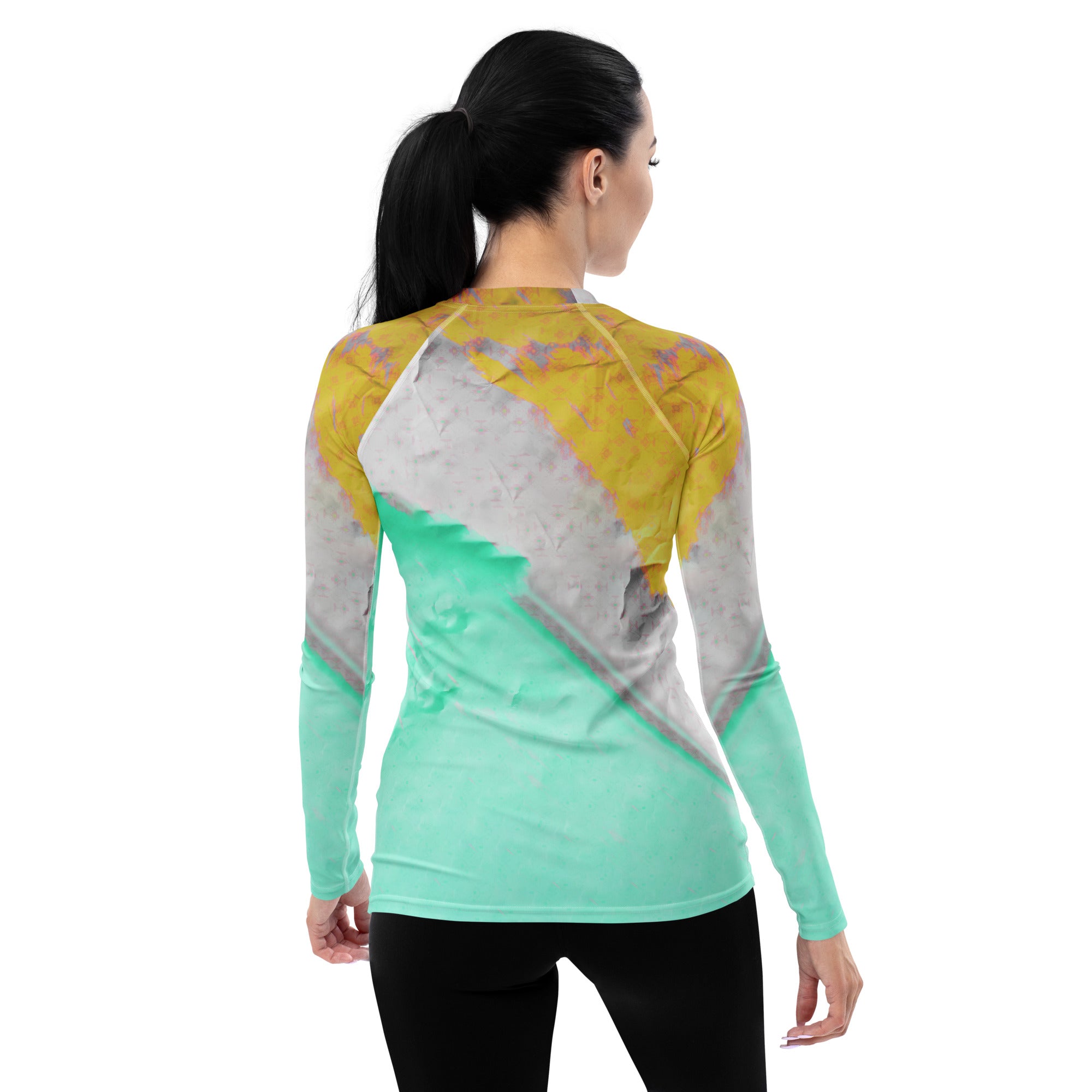 Stylish yoga pose Downward Dog on women's rash guard.