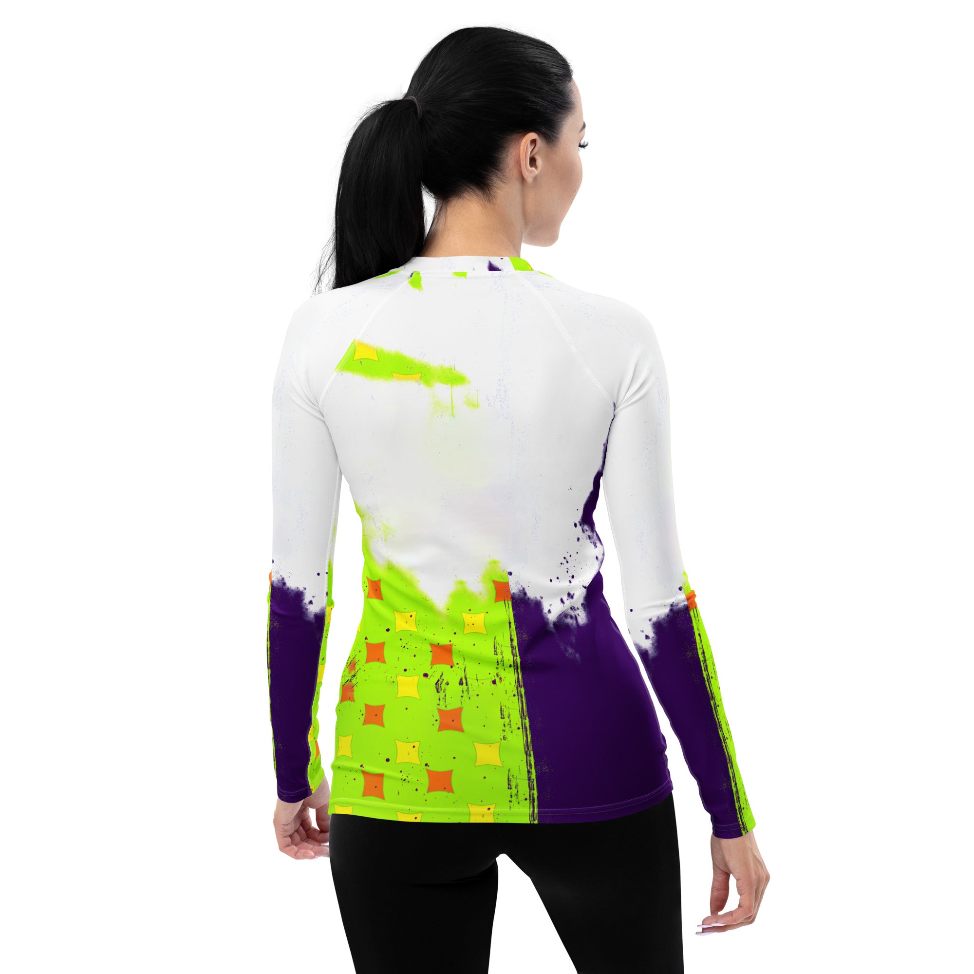 Serene Peaceful Pigeon pattern on women's rash guard.