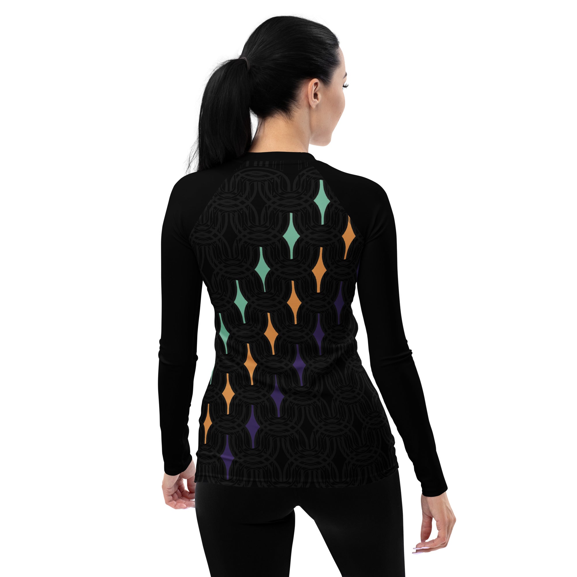 Close-up of Tribal Elegance rash guard pattern