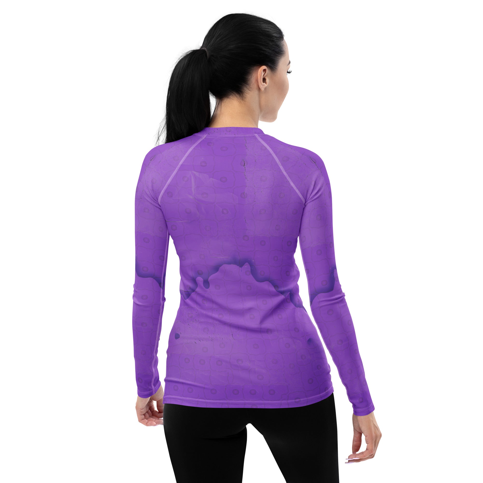 Peaceful Lotus Pose printed on women's rash guard.