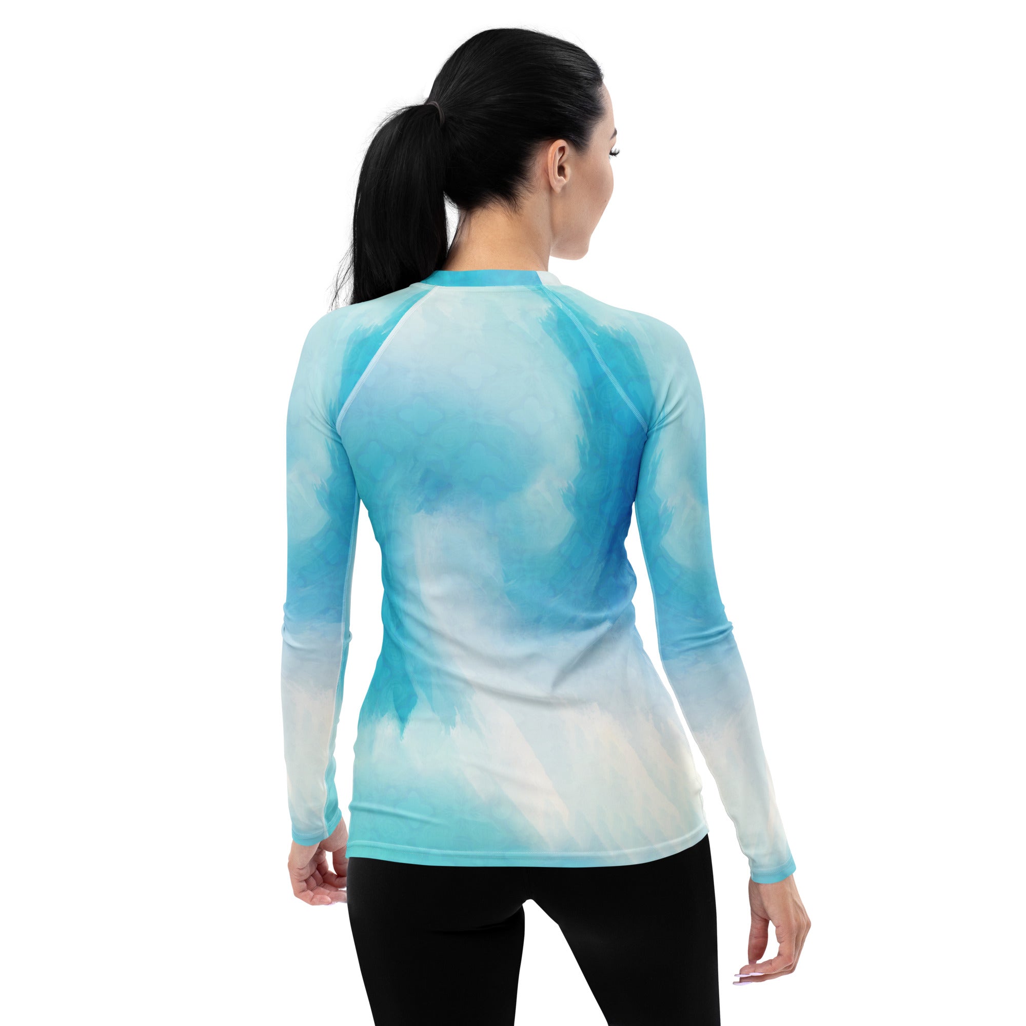 Harmonious Cat-Cow Pose design on women's rash guard.