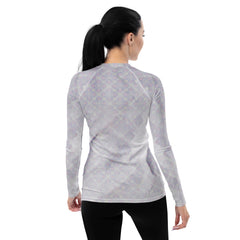 Graceful Dancer Pose printed on women’s rash guard.