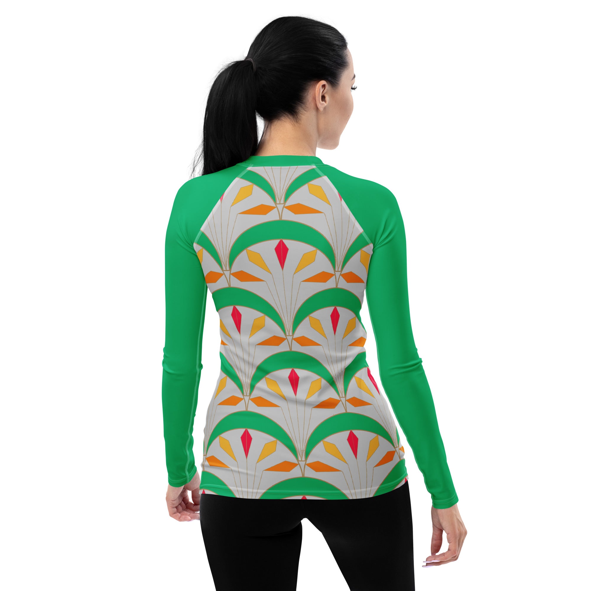 Close-up of Urban Camo pattern on women's rash guard