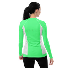 Women's UV protection surf rash guard in Mystic Sunrise design.