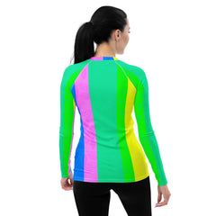 Side angle of Oceanic Calm Women's Rash Guard in action.