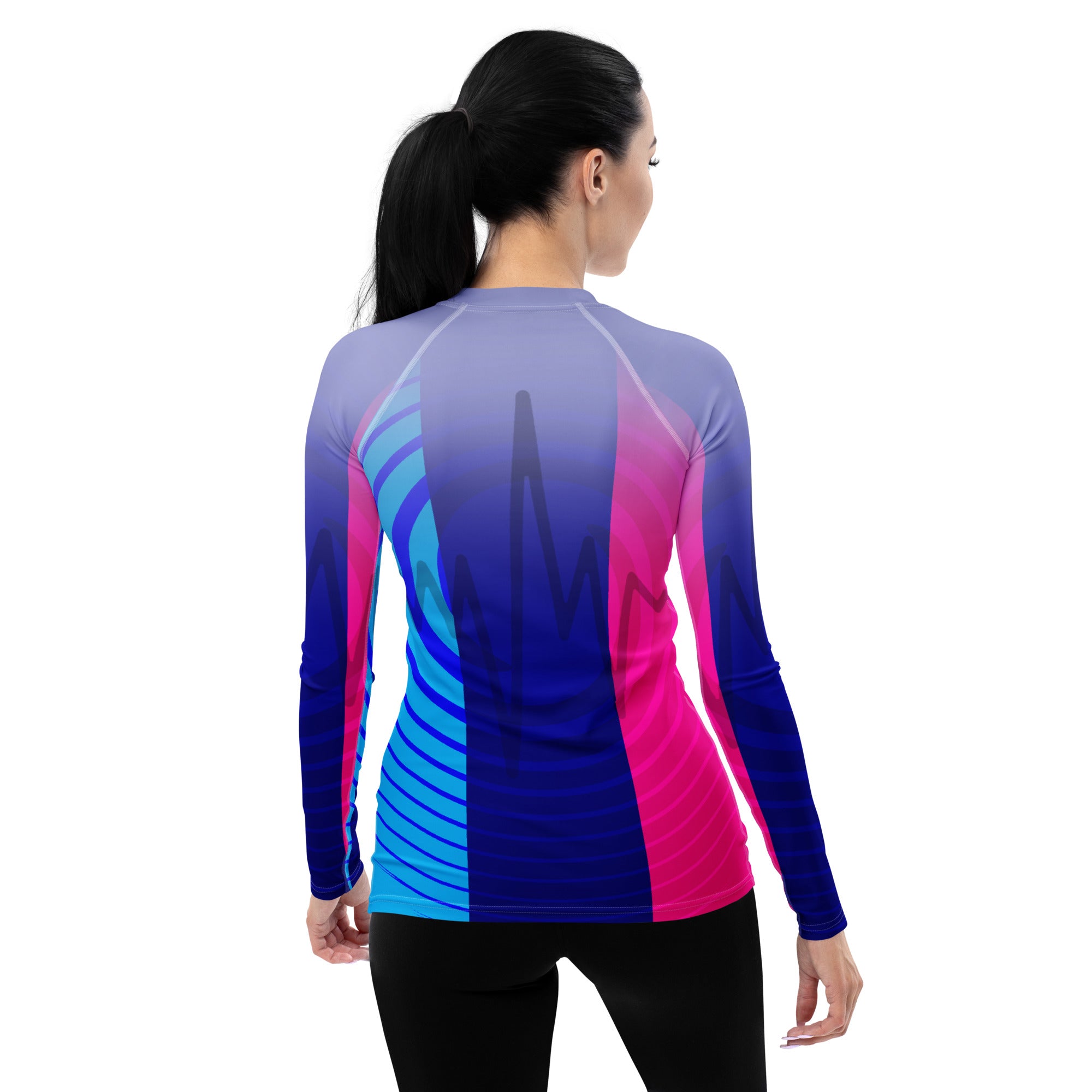 Women's rash guard with UV protection and reflective design.