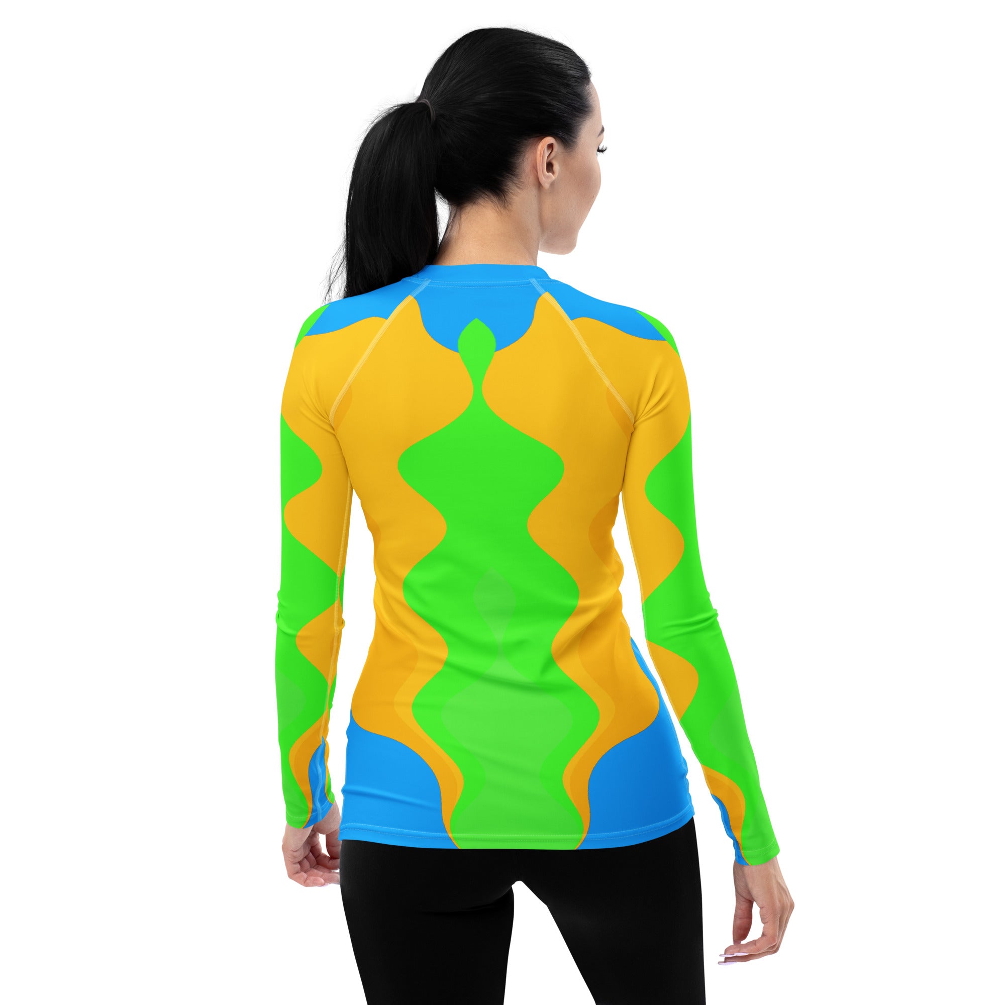 Stylish women's rash guard for surfing and yoga.