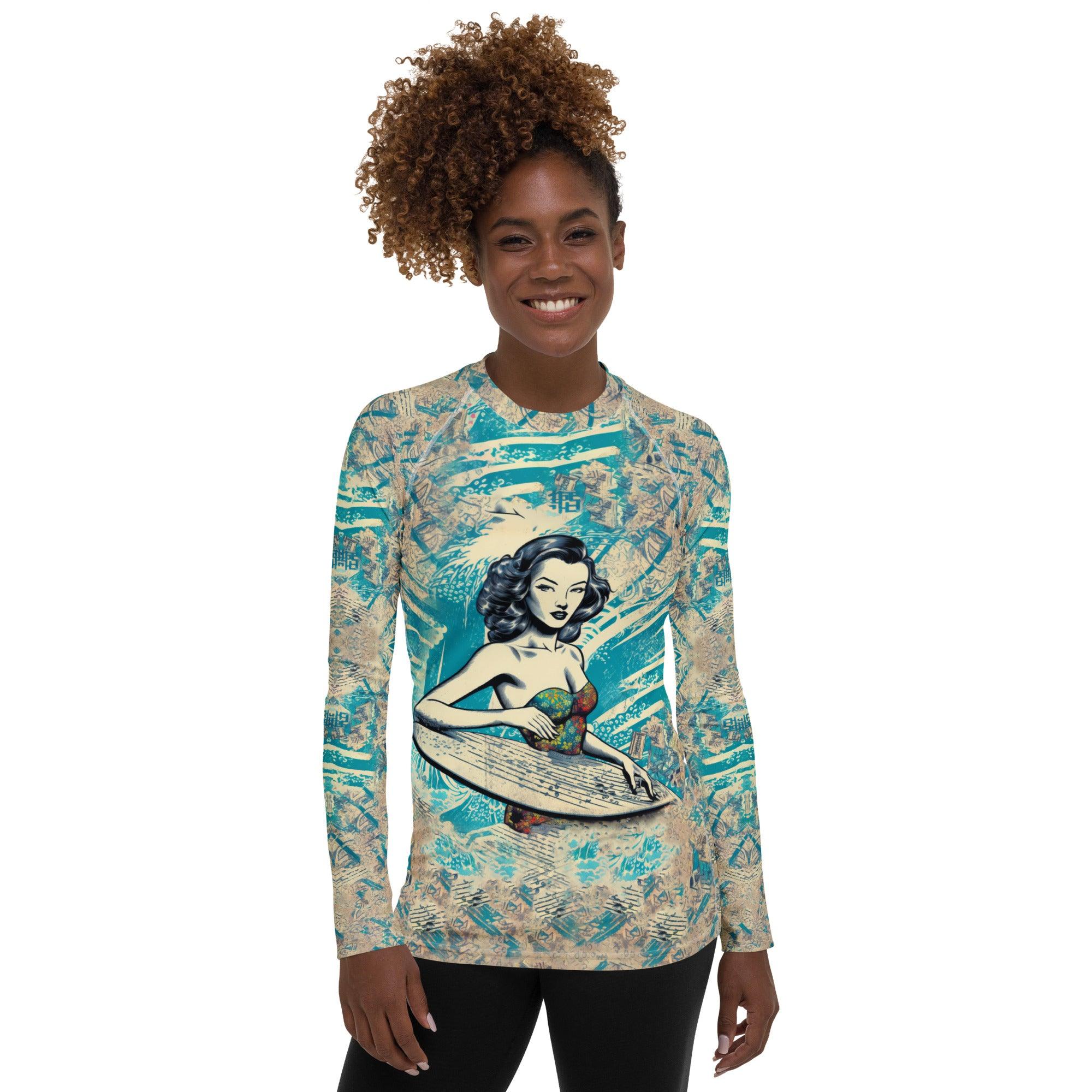 Elegant Surfing 1 44 Rash Guard for Women, featuring a unique design for the fashion-forward surfer.