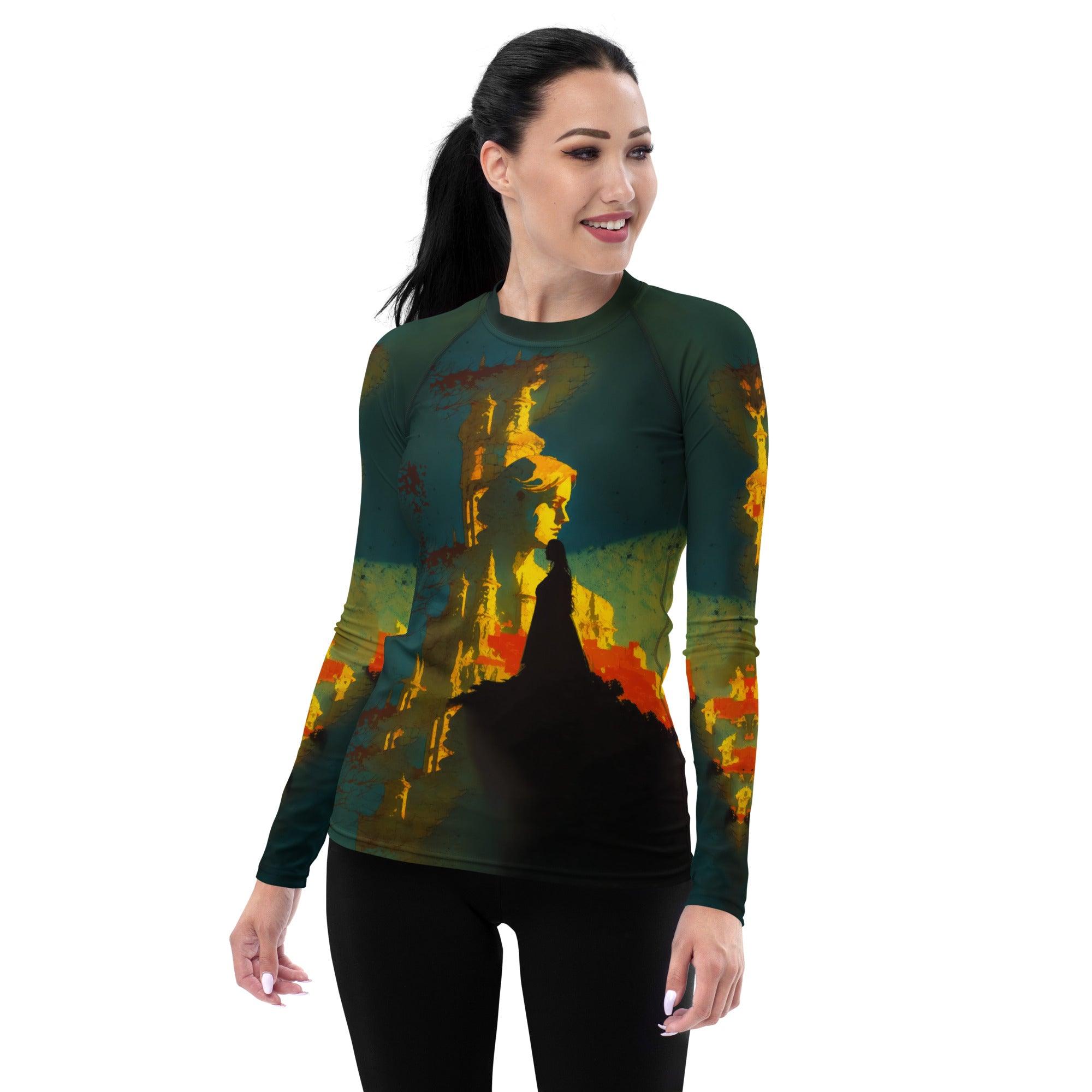 Elegant SurArt 68 Women's Rash Guard on a surfer amidst waves