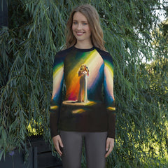 Elegant SurArt 69 Women's Rash Guard worn by a woman surfing