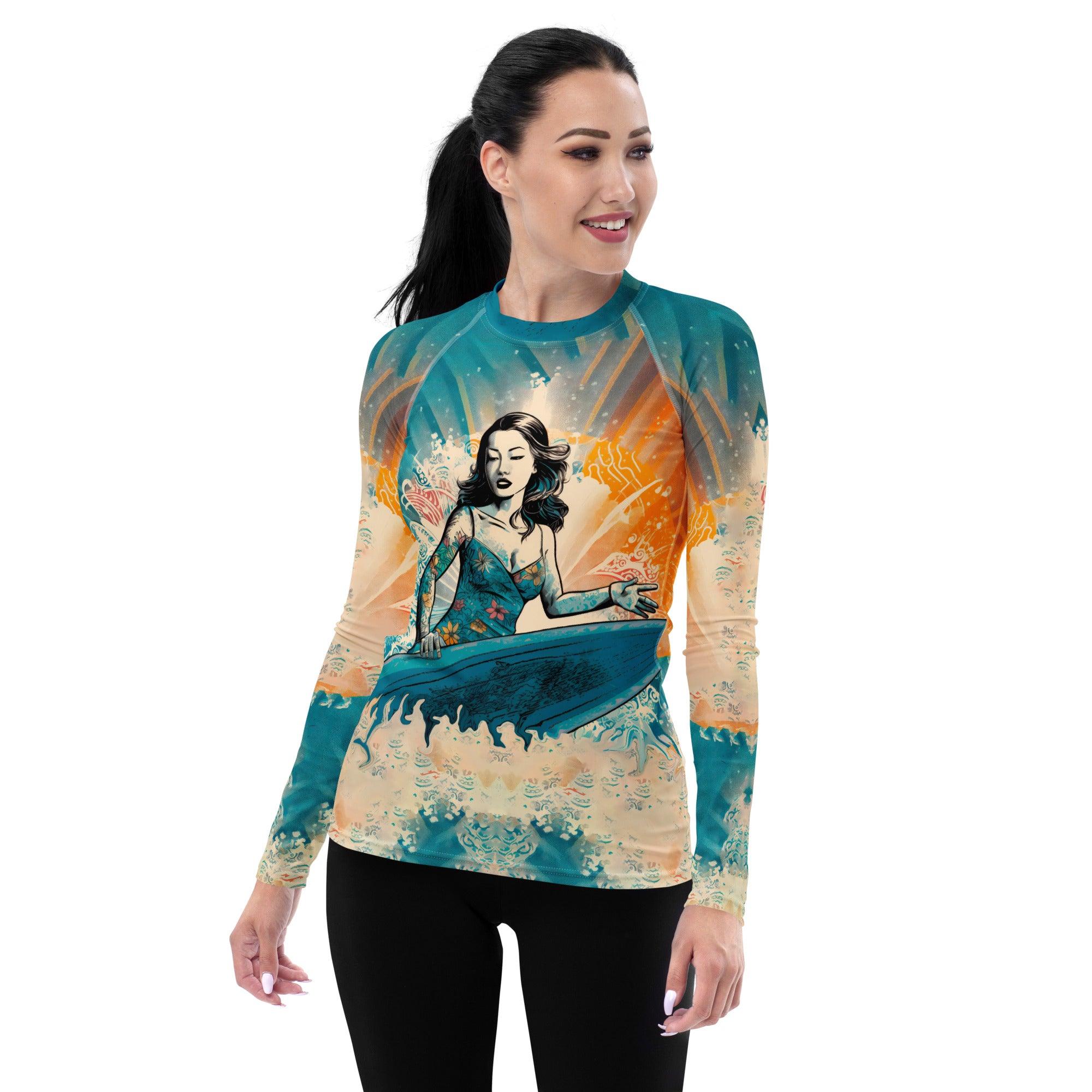 Coastal Escape All-Over Print Women's Rash Guard Surfing Adventure - Beyond T-shirts