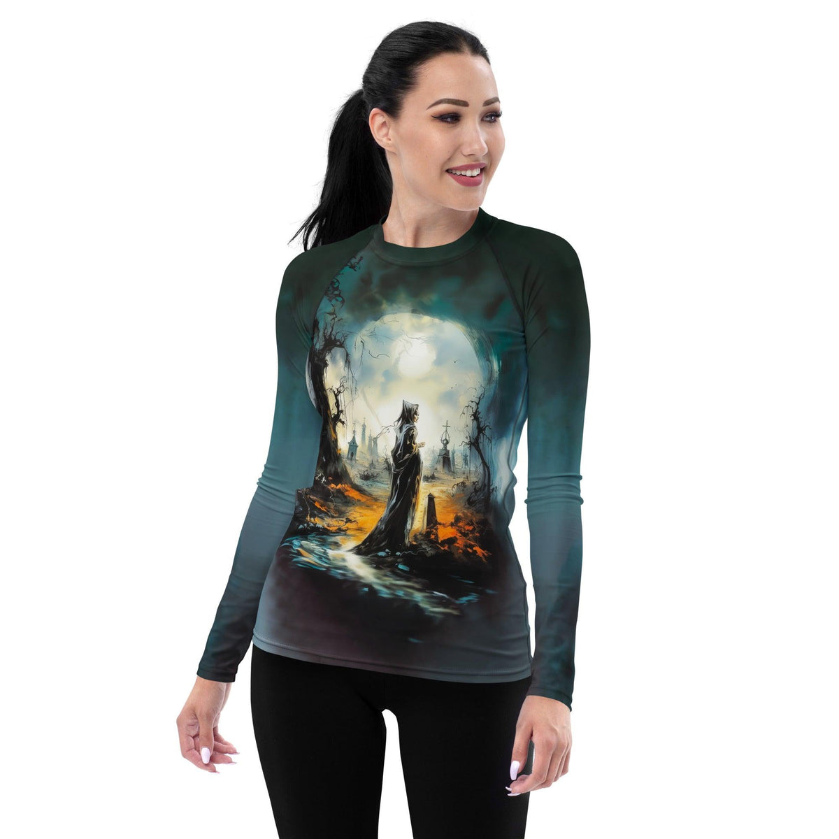 Halloween Haunts All Over Print Women's Rash Guard Ride The Spooky Seas - Beyond T-shirts