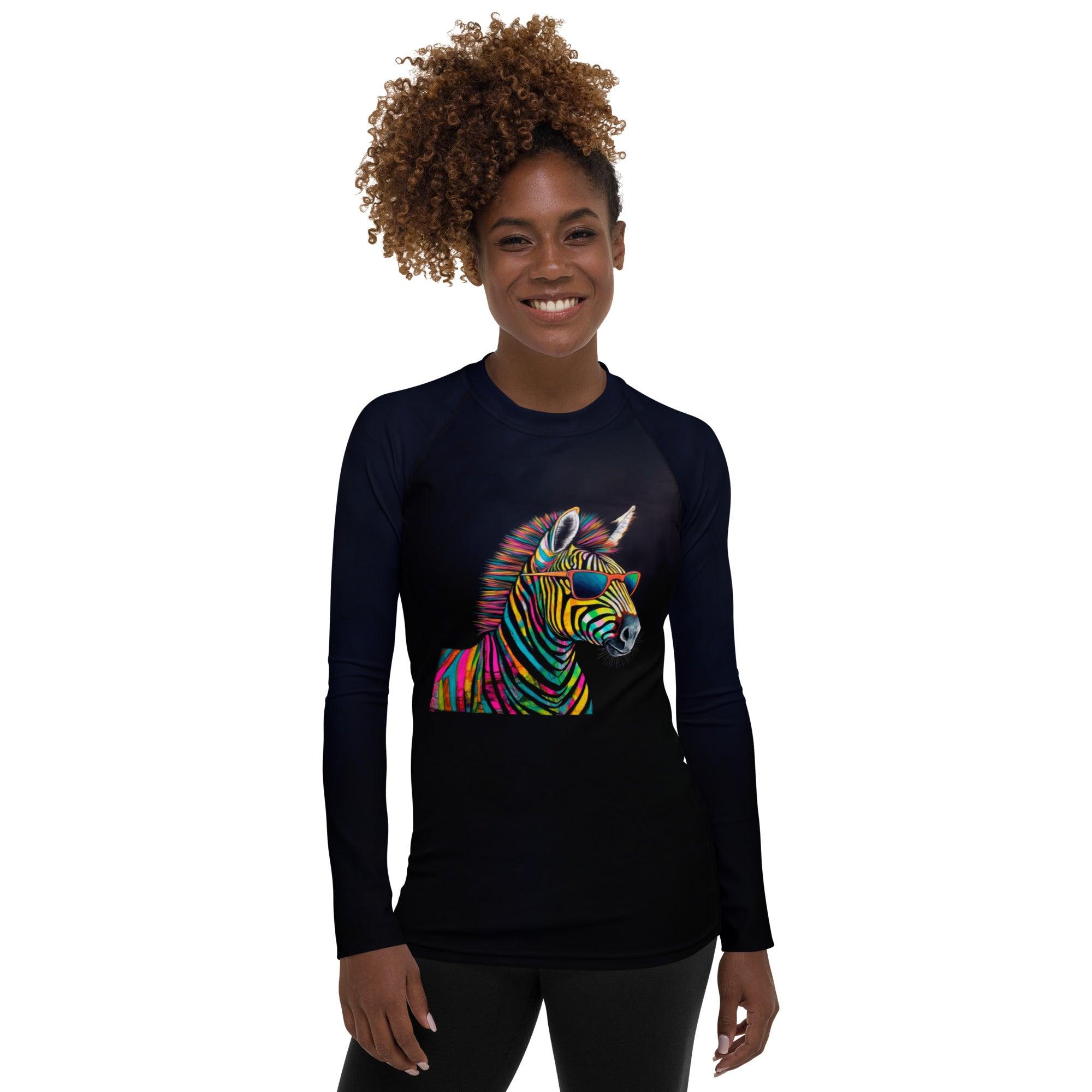 Zebra Elegance All-Over Print Women's Rash Guard" - Beyond T-shirts