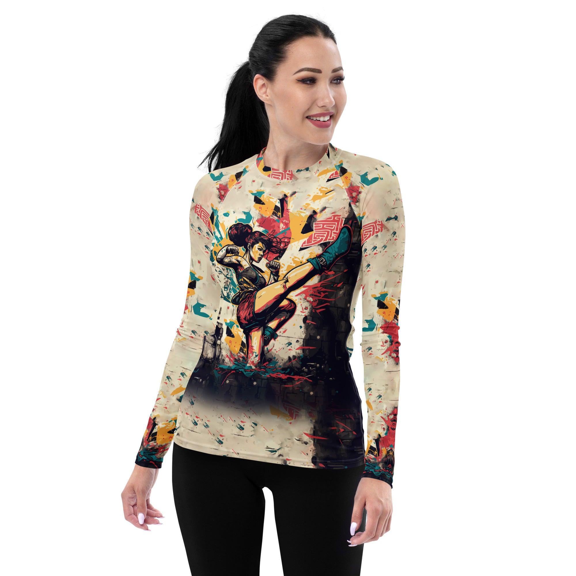 Kickboxing Artistry Women's Rash Guard Expressive Design - Beyond T-shirts