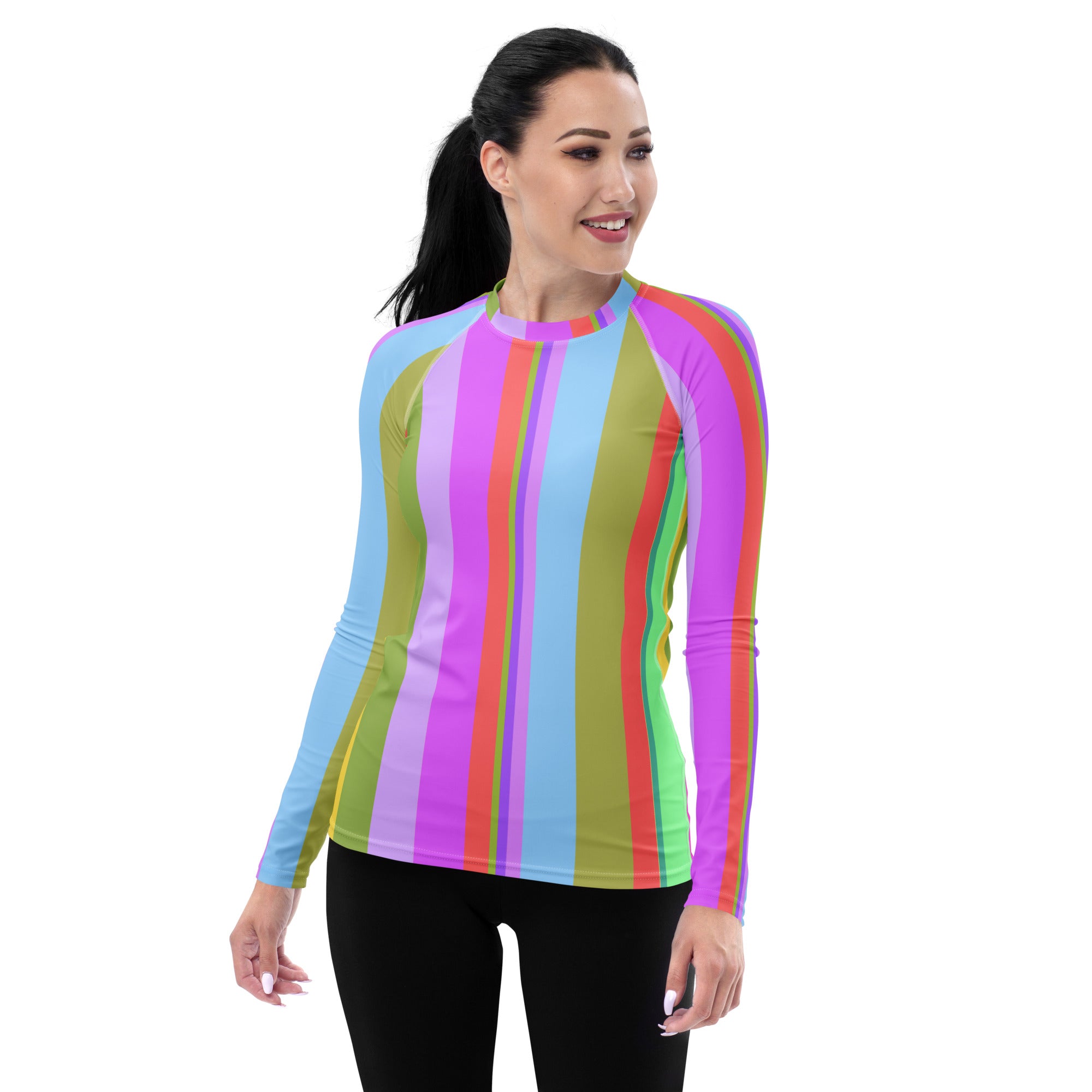 Sunset Serenade Women's Rash Guard featuring vibrant sunset design and long sleeves for UV protection.