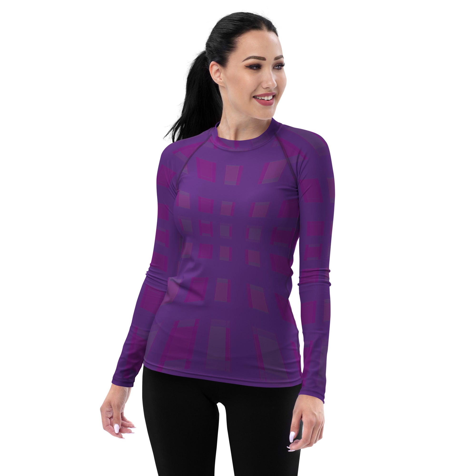 Monochrome Maze pattern on women's rash guard front view.