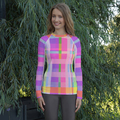 Catch the surf in style with the Rainbow Waves Women's Rash Guard, a colorful shield against the sun's rays.