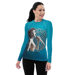 Vinyl Groove women's rash guard front view with vibrant design.